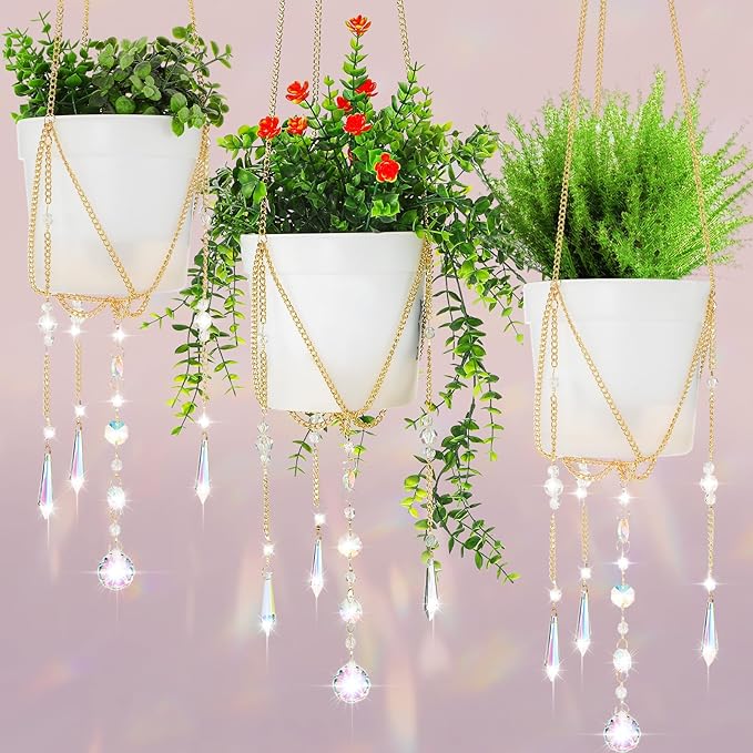 Chunful 3 Pack Sun Catcher Plant Hanger with Beads and Glass Crystal Beaded Plant Hanger Sun Catchers Kit Hanging Basket Accessories for Indoor Home Rainbow Decor, Pots Not Included(Gold)