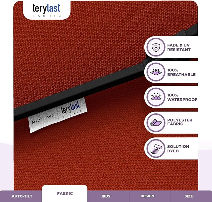 Midtown Umbrellas 10-Year-No-Fade - 9 Ft - UV Proof Apple Red Polyester Fabric - Umbrella Outdoor Patio, Auto-Tilt Aluminum Frame Patio Umbrella for Garden, Pool & Deck - Black Pole