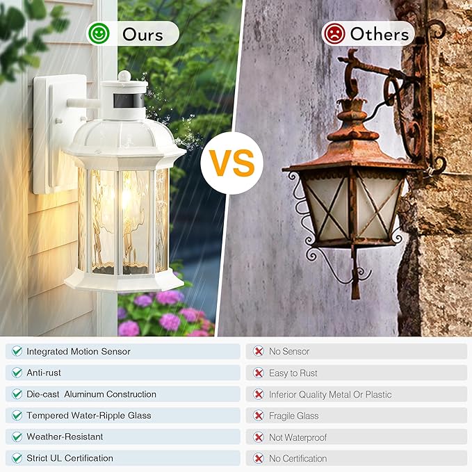 VIANIS 2-Pack Motion Sensor Outdoor Lights for House, White Garage Light Wall Mount Lantern, Modern Exterior LED Wall Lights Fixtures with Ripple Tempered Glass, Outside Wall Sconce Lamp for Porch