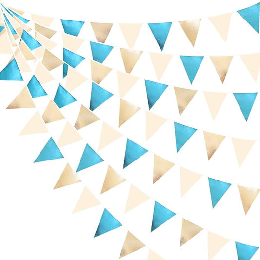 Champagne Gold Sky Blue Beige Decorations Metallic Fabric Triangle Pennant Banner Bunting Flag Garland for Birthday Baby Shower Engagement Wedding Graduation Bridal Shower Party Decorations Supplies