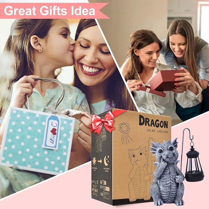 Garden Decor Solar Statues for Mom Grandma Birthdays for Women Sister Wife Lady - Front Patio Balcony Yard Art Lawn Ornaments Porch Outdoor Outside Decorations (Dragon)