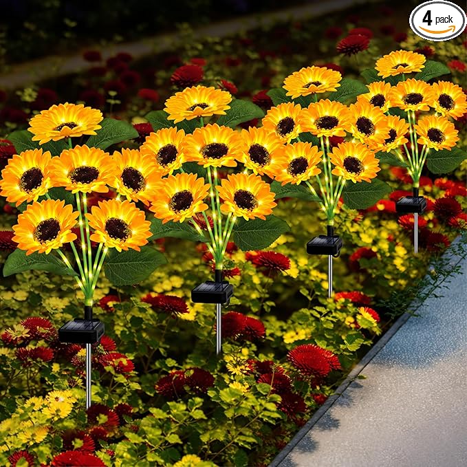 Solar Lights Outdoor Garden Decor,4 Pack with 24 Sunflower Lights,Solar Flowers Lights Waterproof,Sunflowers Gifts for Mom Women Grandma Birthday,Decorative Stakes Lights for Landscape Yard Patio Lawn
