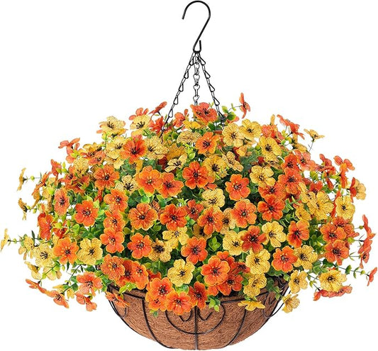 Artificial Fake Hanging Mums Plants Flowers Basket for Fall Autumn Outdoor Decor, Faux Silk Orange Dasiy Flower Look Real UV Resistant for Outside Porch Home Patio Garden Decoration