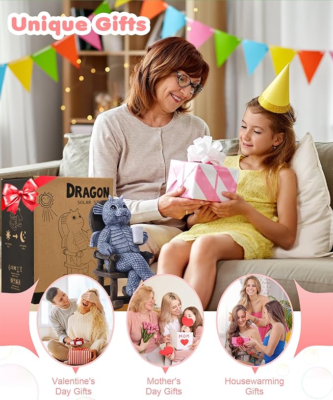 Solar Dragon Statues Garden Decor: Home Desk Decorations Desktop Accessories Outdoor Indoor Figurines Yard Art - Gifts for Mom Women