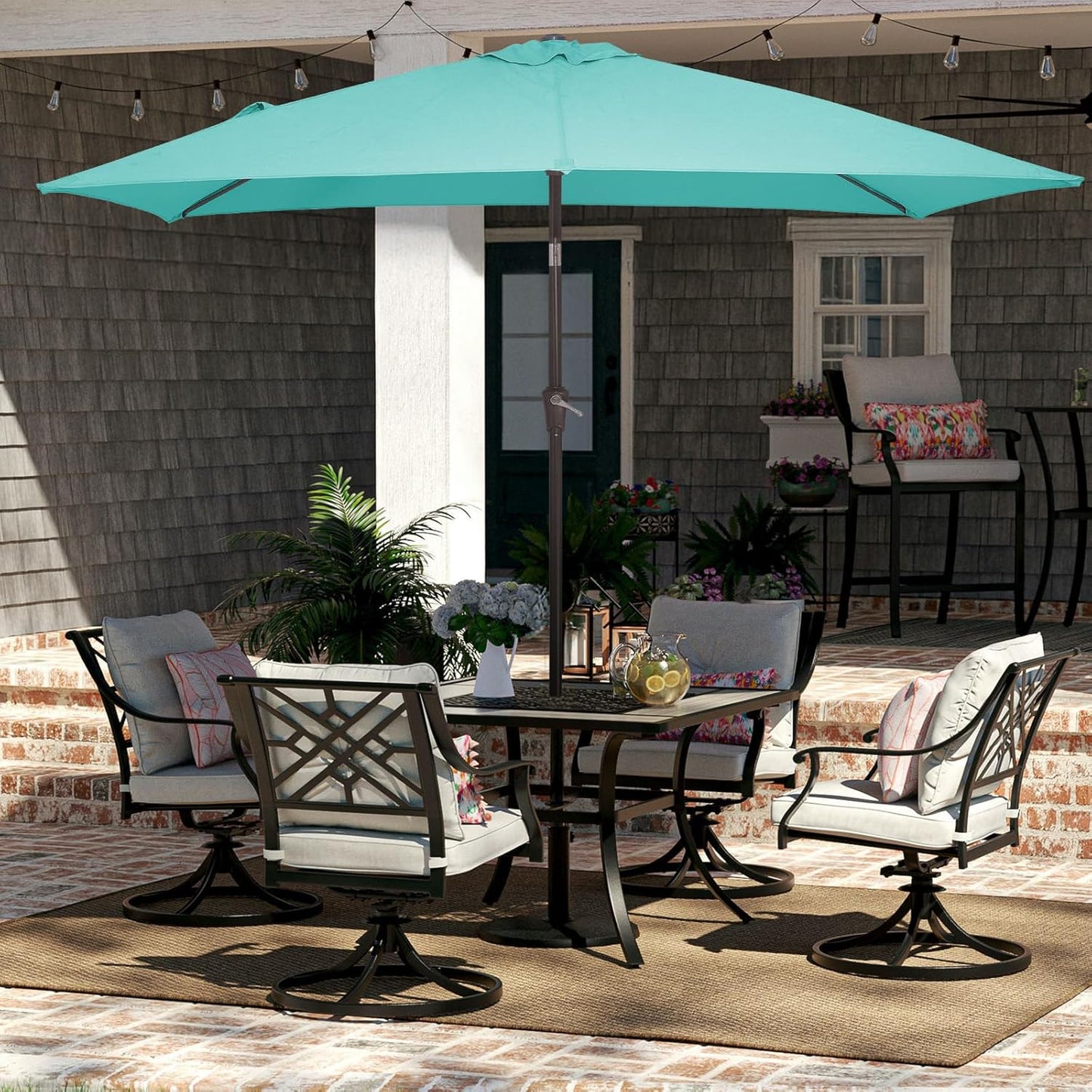 JEAREY 6.5x10 ft Rectangular Patio Umbrellas Outdoor Market Umbrella with Push Button Tilt and Crank, Rectangle Table Umbrella 6 Sturdy Ribs UV Protection for Pool Garden Backyard Deck, Aqua Sky