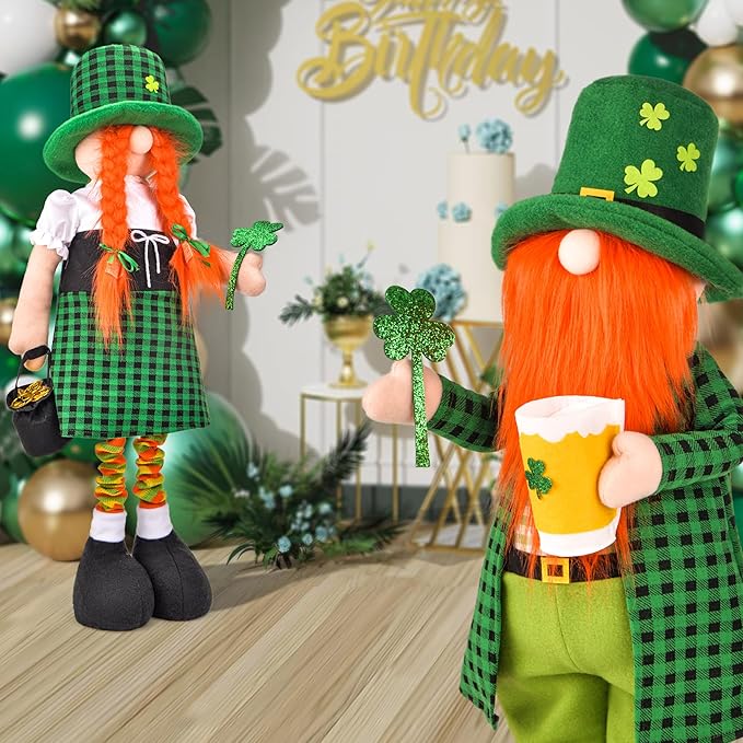 Large St Patricks Day Gnome Plush Decorations Outdoor, Cute Standing Saint Patricks Day Gnomes Gift Decor with Retractable Spring Legs, Placed Outside Yard/Porch/Garden/Indoor/Home/Office