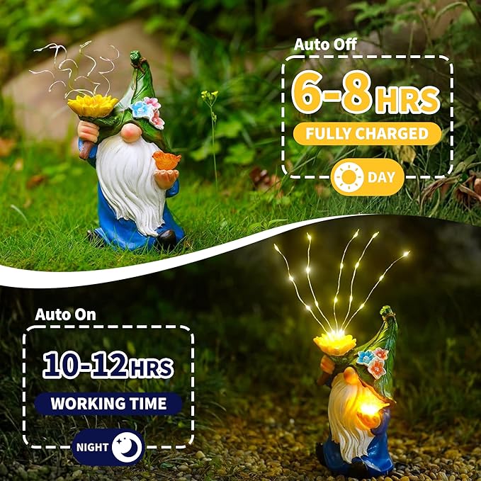 Outdoor Garden Gnomes Statue: Solar Garden Decor with LED Light Patio Yard Lawn Decoration Valentine's Day Gifts for Women