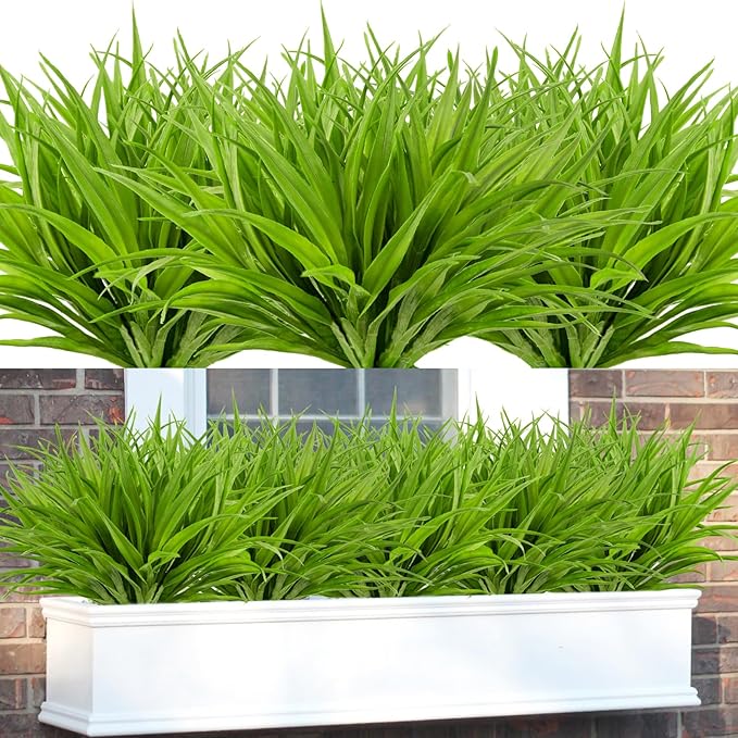 16Pcs Artificial Grass Fake Plants 17.3in 16 Leaves Outdoor Fake Grass UV Resistant Greenery Plastic Plants for Home Window Garden Patio Hanging Planter Pathway Front Porch Décor Green