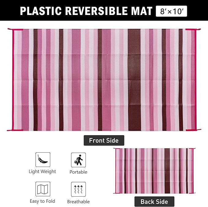 Outdoor Waterproof Rug 8'x10' Plastic Straw Rugs Washable Reversible Floor Mat Pink Stripe Carpet for Camping RV Deck Entryance Porch Picnic Balcony Beach Backyard