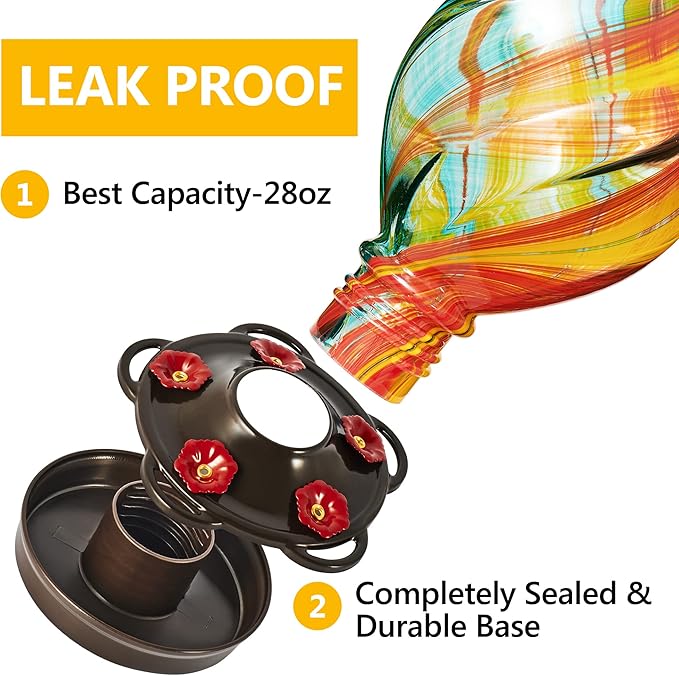 LUJII Ice Cream Shaped Spiral Hummingbird Feeder for Outdoors Hanging, Hand Blown Glass, 28 fl.oz, Leak Proof & Rustproof, Includes an Ant Moat, Unique Garden, Outside & Backyard Decor (Ribbon)