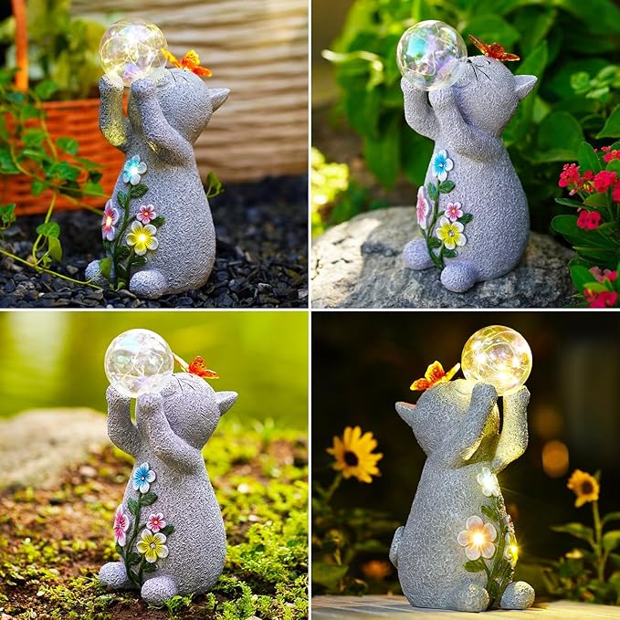 Goodeco Solar Cat Garden Statue - Outdoor Cat Decor with Solar Butterfly & Succulent Flowers LED Lights for Cat Lovers and Garden Enthusiasts - Ideal Gifts for Mom & Birthdays