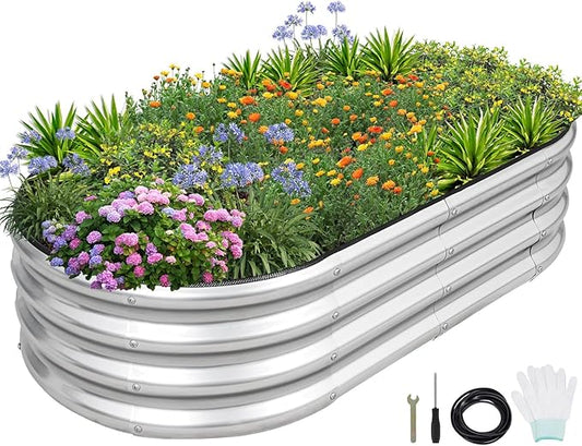 1MORE Galvanized Raised Garden Bed- Planter Garden Boxes Outdoor, Raised Beds for Gardening, 4x2x1ft Metal Garden Bed Kit for Vegetables Flower, Planter Raised Bed with Protective Tape & Tools.Silver