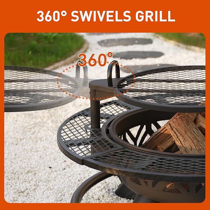 Red Mountain Valley 47" Outdoor Fire Pit with Adjustable Grill, 2-in-1 Metal Outdoor Fireplaces, Large Patio Wood Burning Fire Pits for Outside, Ideal for Backyard, Patio, Party