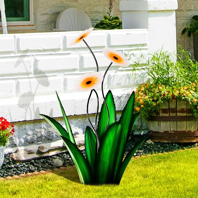 Upgraded Large Metal Yard Art, Agave Plant Yard Decorations Outdoor Sculpture, Flowers for Outside, Waterproof Outdoor Garden Decor (Blue + White Flower)