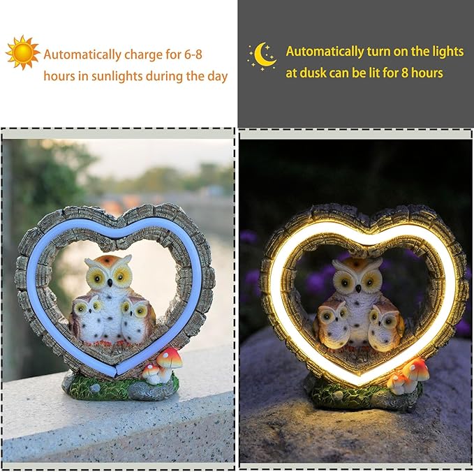 Solar Owl Garden Statue, Outdoor Waterproof Handmade Resin Statue,Garden Sculpture with Solar LED Lights, Warm Owl Statue Decoration, Suitable for Roads, Yards, lawns (Warm Owl Family)