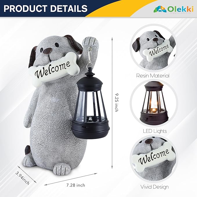 Solar Dog Statues for Garden Decor - Outdoor Dog Figurines with Solar Lantern for Yard Patio Lawn Balcony Ornaments - Garden Gifts for Mothers Day, Grandma, Easter