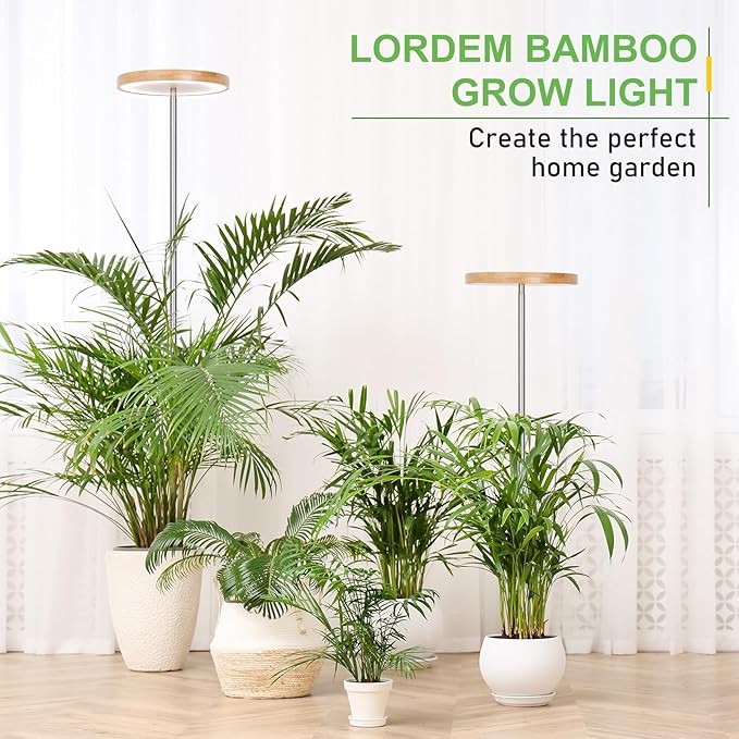 LORDEM Bamboo Grow Light for Indoor Plants,Full Spectrum LED Plant Grow Light, Height Adjustable Growing Lamp with Auto Timer 4H/8H/12H, 4 Dimmable Levels, Ideal for Large Tall Plants