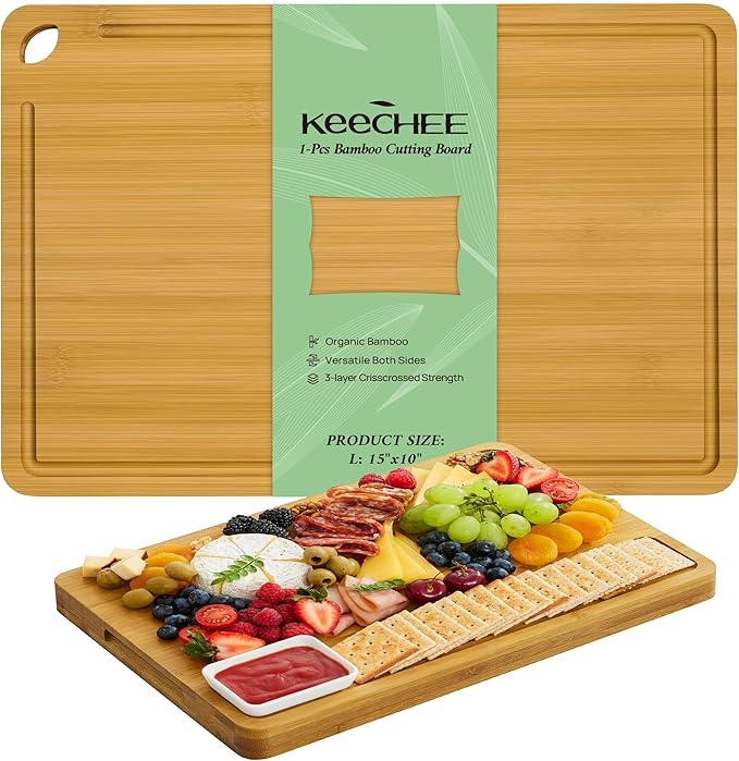 Cutting Board For Kitchen Natural Bamboo With Smooth Finish & Deep Juice Groove – L (15x10) – Great For Slicing, Serving