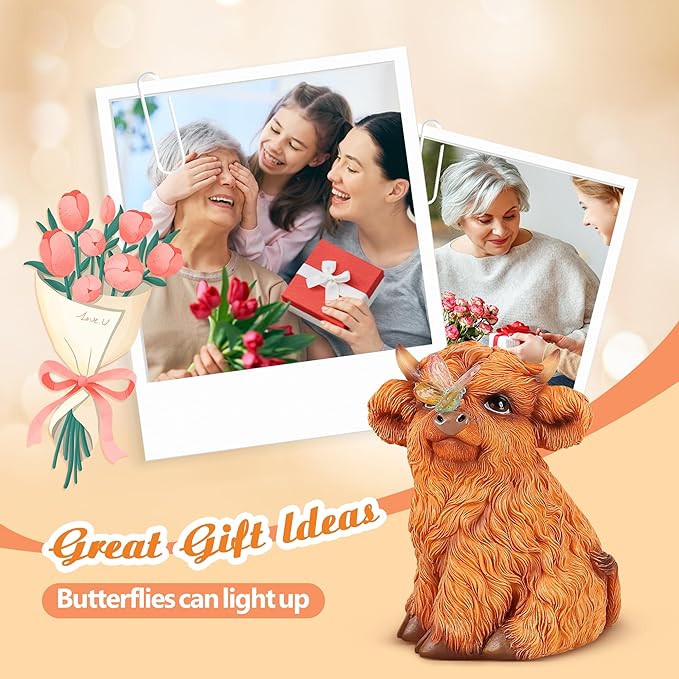 Highland Cow Solar Powered Outdoor Garden Statue, Resin Highland Cow Statue with Solar Light Lantern, Decorative Lawn, Yard Outdoor Highland Cow Decor. Unique home decorations, gifts for women