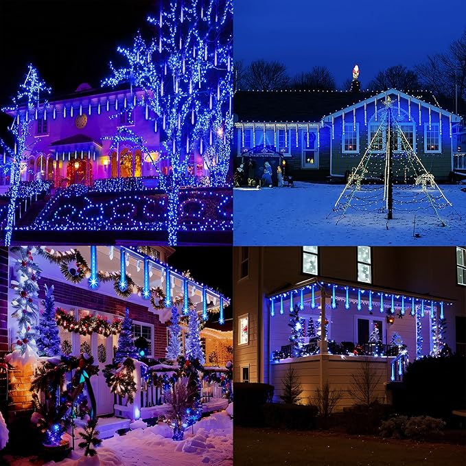 Aokudoni Blue Christmas Icicle Lights, 16 Inch 8 Tube Outdoor, UL Certified LED Connectable Decorations for Yard Porch Party Garden
