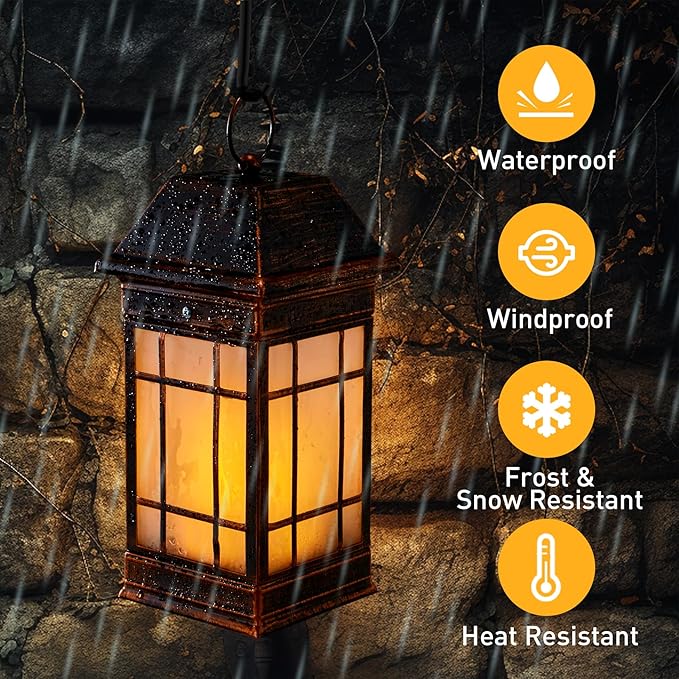 14" Solar Lantern Outdoor Waterproof, Glass Flickering Flame Solar Lanterns, Hanging Metal Lantern Decorative for Patio Front Porch Garden Backyard Tabletop Mothers Day Gifts Mom