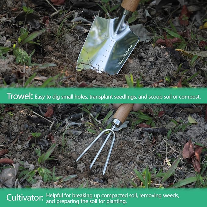 LeMotech Garden Tool Set, 2Pcs Gardening Hand Tools, Stainless Steel Trowel and Cultivator with Beech Handle, Outdoor Gardening Kit for Women Men