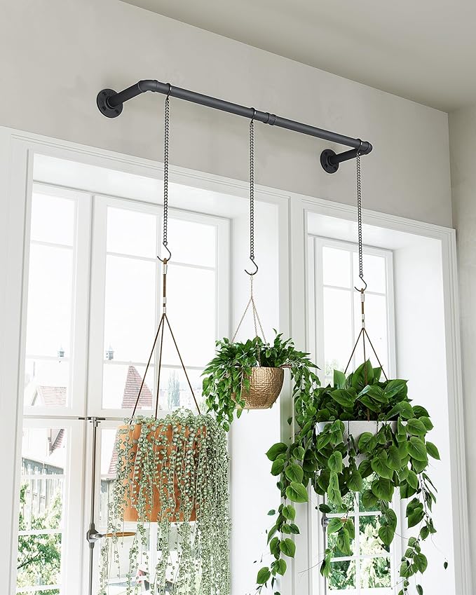 Plant Hanger Indoor, Hanging Planters Rod for Indoor Plants with 3 Hanging Chains, Wall Plant Hanging Rod for Window Ceiling, 38.2 Inch, Metal/Black, Pots Not Included…