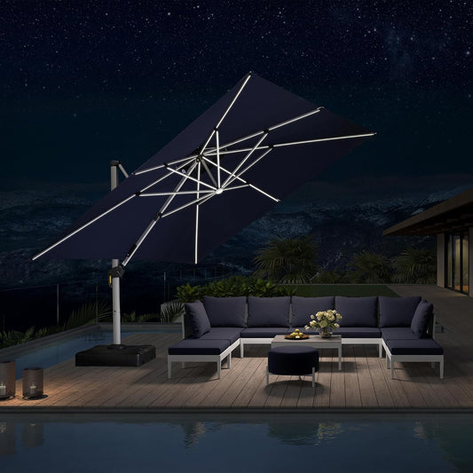 PURPLE LEAF 12 Ft Double Top Patio Cantilever Umbrella Outdoor Solar Powered LED Square Offset Large Garden Umbrella, Navy Blue