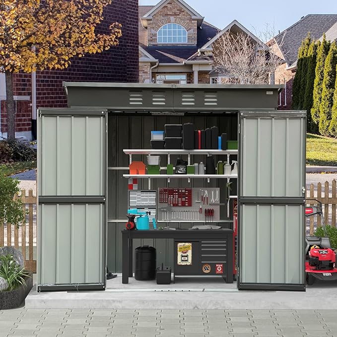 Domi Outdoor Storage Shed 6' x 4.5’, Metal Garden Shed with Galvanized Steel Frame for Bike, Tools, Lawn Mowers, Pool Toys, Outdoor Storage Cabinet with Lockable Door for Garden Lawn Patio (Dark Grey)