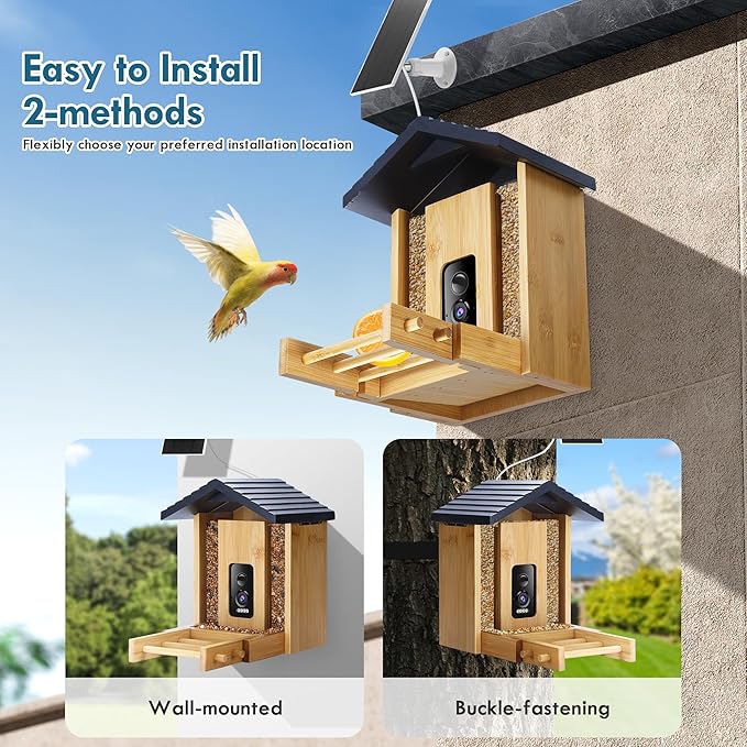 Bird Feeder, 5MP Solar-Powered Smart Bird Feeder with Camera, AI Identifies Birds 10000+, 2.4GHz, Color Night Vision, Instant Notification, Easy to Use, 1.5L Birds Feeders for Outdoor, Yard