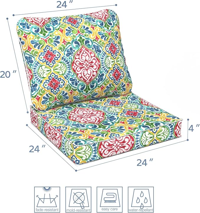 LVTXIII Outdoor Deep Seat Cushion Patio Seat and Back Cushion Set Seasonal Chair Cushion for Dining Arm Chairs, Wicker Chairs and Garden Furniture Decoration, 24"x24"x4", Damask Red