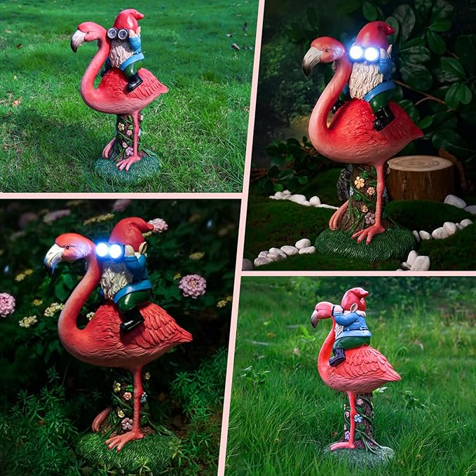 Solar Flamingo Gnome Garden Decor Statue, Outdoor Funny Solar Light Decoration for Yard, Patio, Lawn, Unique Housewarming, Birthday Gift for Women, Mom, Grandma