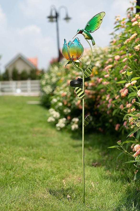 TERESA'S COLLECTIONS Glass Flower Bird Pathway Solar Outdoor Light for Garden Decor, 41'' Tulip and Hummingbird Metal Decorative Stakes Yard Art for Lawn Patio Porch Decorations, Gifts for Mom