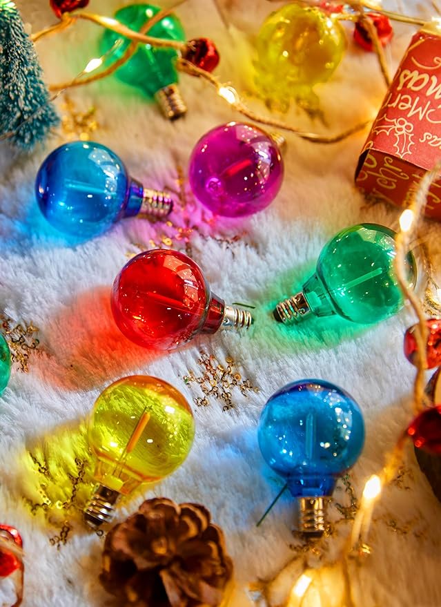 Brightown 25 Pack Multicolor G40 LED Christmas Replacement Light Bulbs, UL Listed, 1 Watt E12/C7 Candelabra Base Plastic Shatterproof LED Globe Edison Bulbs, Easily Screw in Strings Spools Strands
