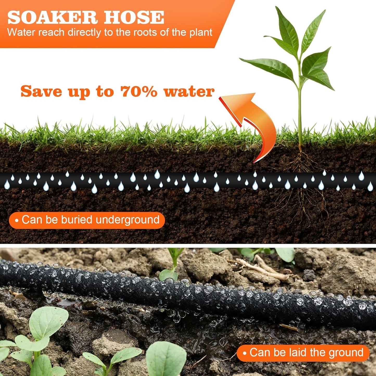 Soaker Hose 10 FT for Garden 1/2" Diameter Irrigation Hose Save 70% of Water Solid Brass Interface Eminently Suitable for Lawn and Garden Beds Cover