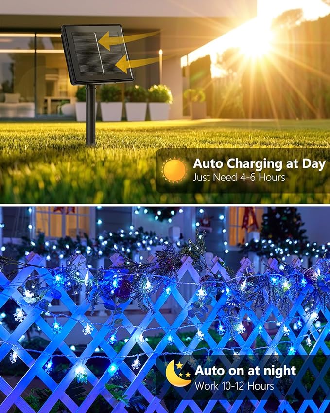 Brightown Solar Christmas Snowflake String Lights 100 LED 39 FT Outdoor Waterproof Fairy Lights with 8 Lighting Modes for Wedding, Party, Tree, Room, Garden, Patio, Yard, Home, Blue & White