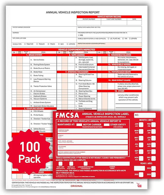 100 Pack 3-Ply Carbonless Annual Vehicle Inspection Report Forms with FMCSA Red Aluminum Adhesive Labels, DOT Inspection Forms and Stickers, Shrink-Wrapped, 8.5" x 11.75" - Made in USA