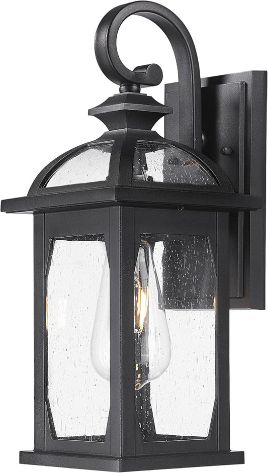 zeyu Outdoor Porch Light Wall Light Fixture, 15 Inch Exterior Wall Lighting for House, Die-Cast Aluminum with Seeded Glass, Black Finish, ZD100B BK