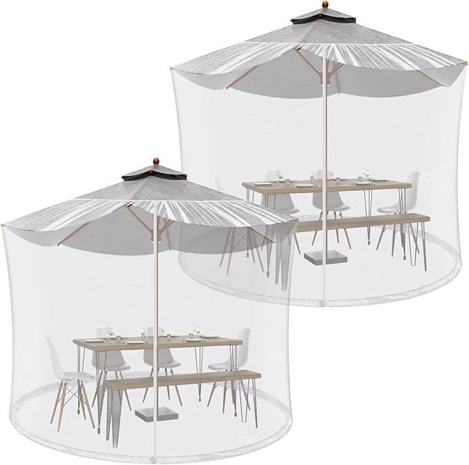 Windyun 2 Pcs 7 to 10 ft Patio Umbrella Mosquito Netting with Double Zipper Door, Screen Universal Hanging Mosquito Net for Patio Polyester Mesh Umbrella Screen for Outdoor and Patio Tables(White)