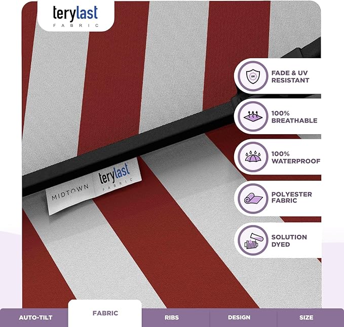 MIDTOWN UMBRELLAS The Lean 9 Feet Outdoor Umbrella With Terylast Red Stripes (Red/White Stripes) Polyester Fabric - 8 Ribs Aluminum Frame Patio Umbrella With Zinc Alloy Crank Lift And Auto-Tilt System