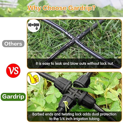Upgraded 1/4" Drip Irrigation Fittings：60 Pieces Set-15 Couplings 15 Tees 5 Crosses 10 Elbows 10 End Plugs 5 Micro Dripper, Leak Free Barbed Locked Connectors for 1/4 Inch Irrigation Tubing