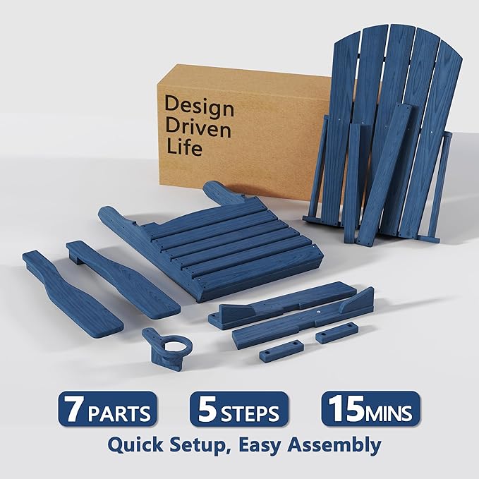 Folding Adirondack Chair Set of 4 with Cup Holder, HDPE All Weather Resistant Plastic Outdoor Patio Chairs, Heavy Duty Fire Pit Seating for Backyard Lawn Garden, Wooden Textured Design(Navy Blue)