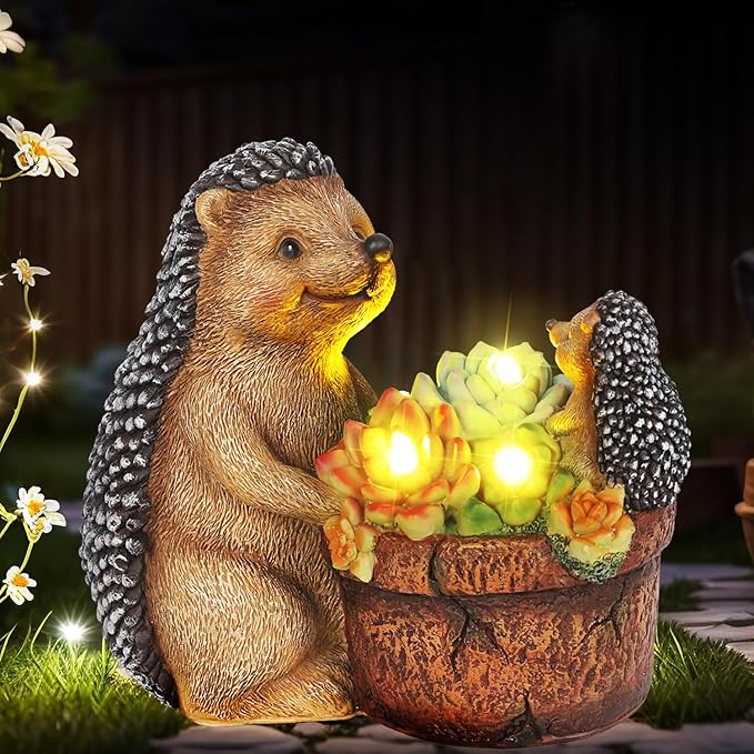 Succulent Hedgehog Garden Statues with Solar Outdoor Lights for Garden Decor, Animal Figurines Resin Outdoor Statues, Garden Gifts for Women Mom Lawn Ornaments for Patio Yard Decor