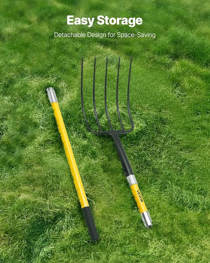 VEVOR Garden Fork, 5-Tine Gardening Pitchfork with Fiberglass Handle, 57 in Heavy Duty Digging Fork with Y Grip, Forged Steel Spading Fork for Hay Potato Composting Transplanting Aeration