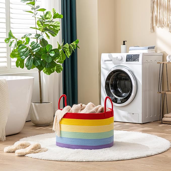 KAKAMAY Large Blanket Basket (20"x13"),Woven Baskets for storage Baby Laundry Hamper, Cotton Rope Blanket Basket for Living Room, Laundry, Nursery, Pillows, Baby Toy chest (Rainbow)