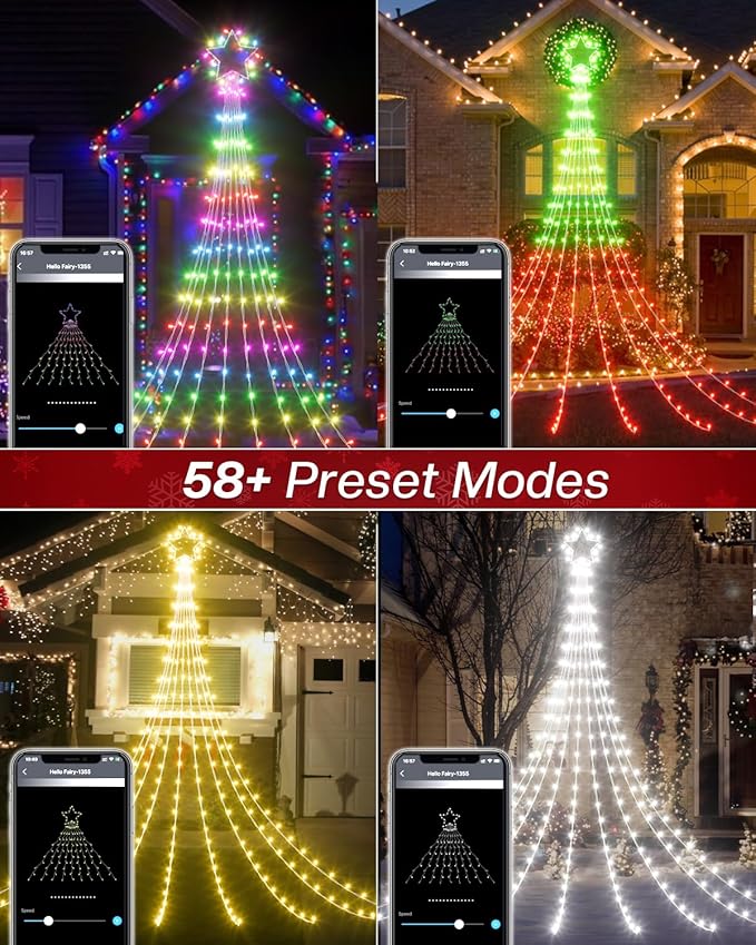 23FT Smart Waterfall Christmas Tree Lights Outdoor Decorations, App Control Color Changing Yard Lights Music Sync Chasing Effect Waterproof Outside 355 LED Star String Lights
