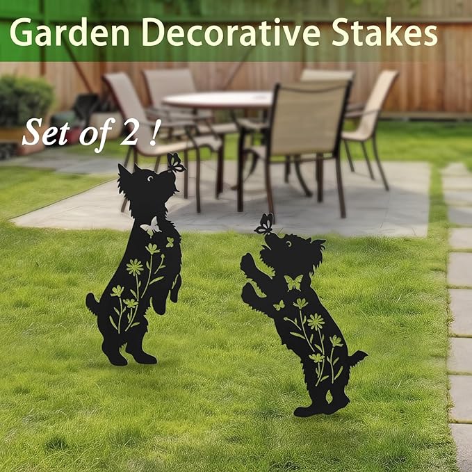 Metal Dog Garden Decor for Outside,Set of 2 Silhouette Yorkie Garden Stakes Decoratvie,Dog Garden Statues