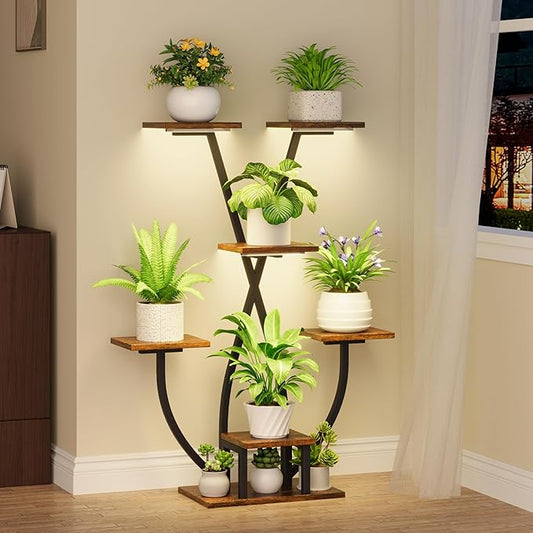 POZILAN Plant Stand Indoor with Grow Light - 7 Tiered Corner Plant Stand for Multiple Plants, Metal Plant Shelf Indoor Display Rack Holder, Flower Stand for Indoor Plants, Balcony, Living Room, Patio