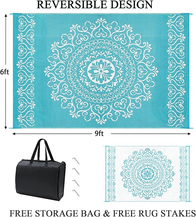Pauwer Waterproof Outdoor Rug 6x9, Reversible Plastic Straw Patio Camping Rug, Indoor Outdoor RV Mat Carpet for Deck, Camper, Porch, Balcony, Backyard, Picnic, Floral Teal