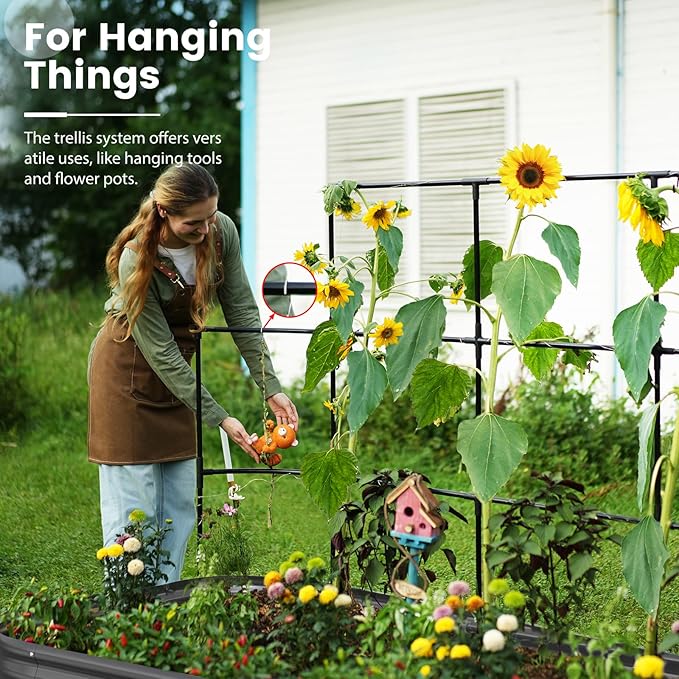 KING BIRD Raised Garden Bed with Wall Trellis Galvanized Planter Garden Box Outdoor for Gardening, Climbing Vegetables, Flowers 7.87x3.94x0.98 Ft, Dark Grey